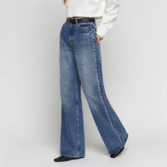 Studded Reformation Cary High Rise Slouchy Straight Leg Jeans - 26 - Picture 1 of 9